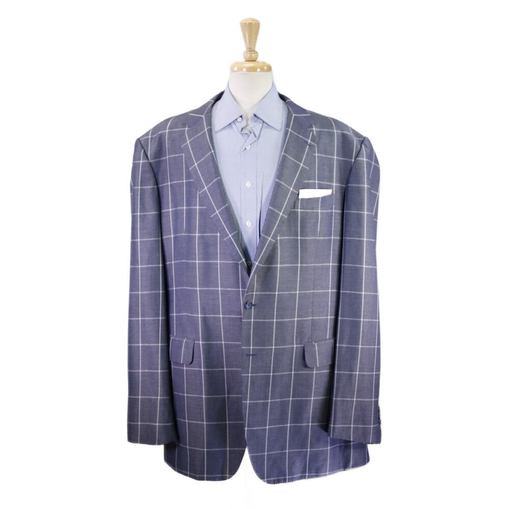 Custom Tailored Blue Gray Windowpane Linen 2-Btn Sportcoat Blazer Big Tall 52L
